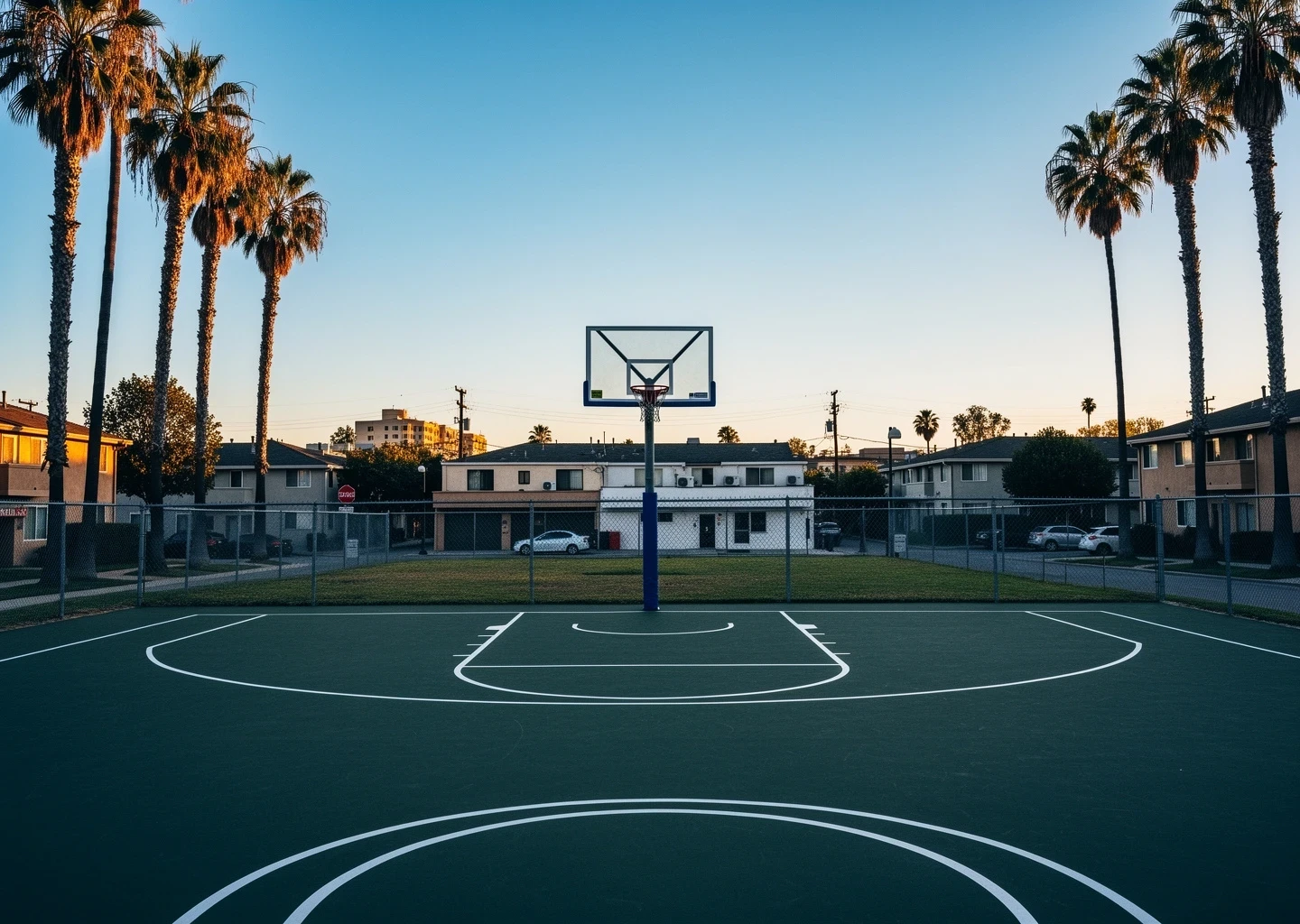 Outdoor basketball court with palm trees in a Southern California setting