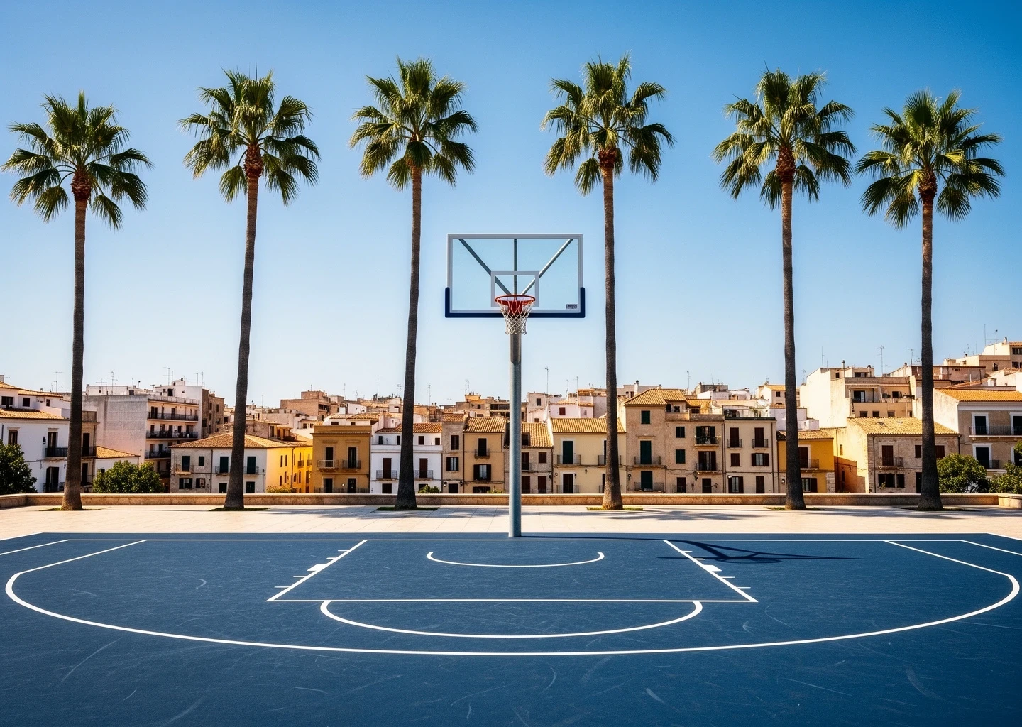 Outdoor basketball court in a warm Mediterranean setting