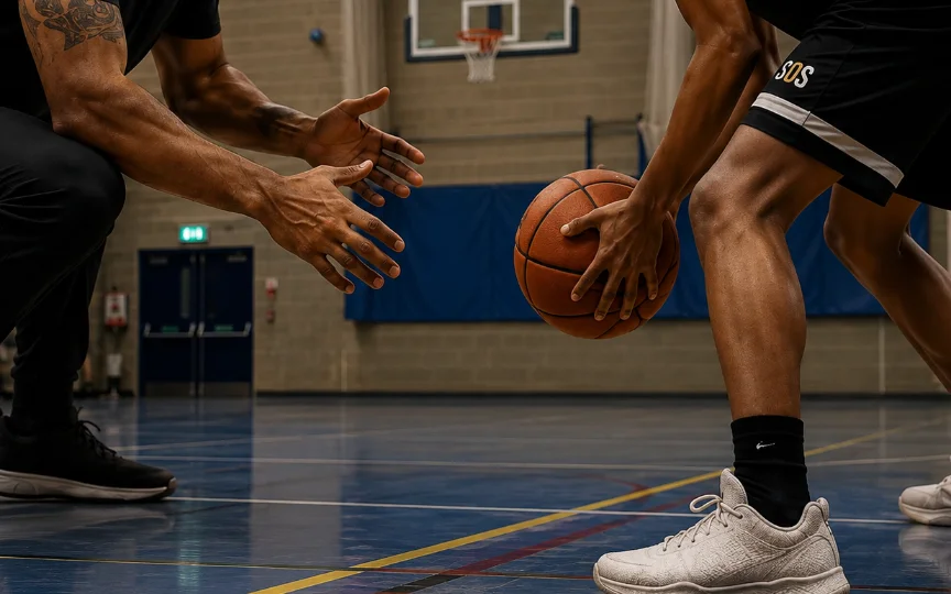A player working one-to-one with a coach on ball-handling