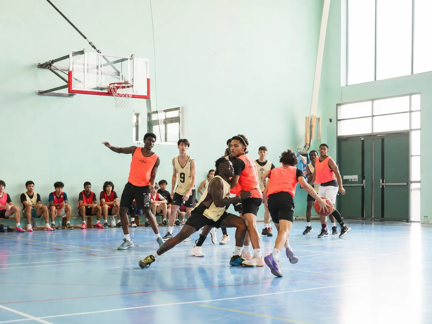 Players competing during a recruitment camp basketball session